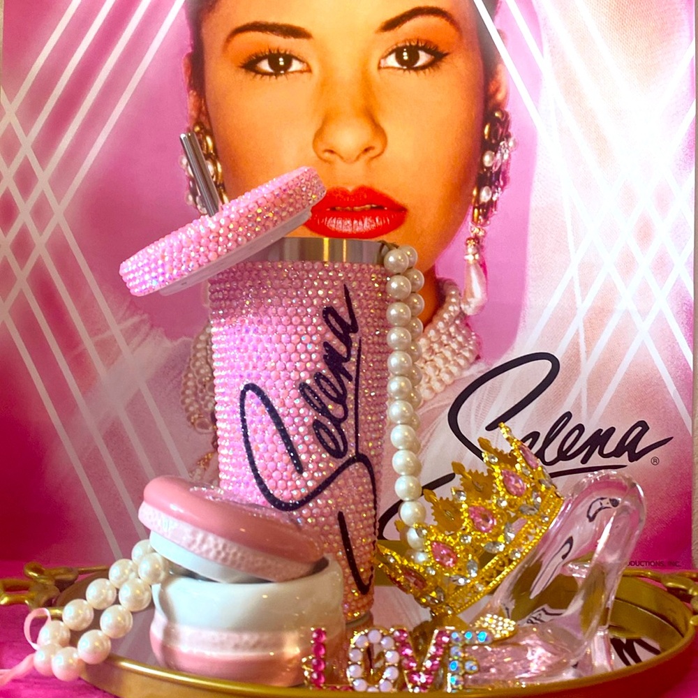 Pink Selena rhinestone tumbler.